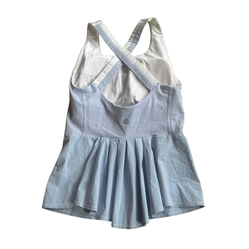 RARE Lululemon Peplum Flare Tank Top Purple White Size 4 Crisscross Open Back